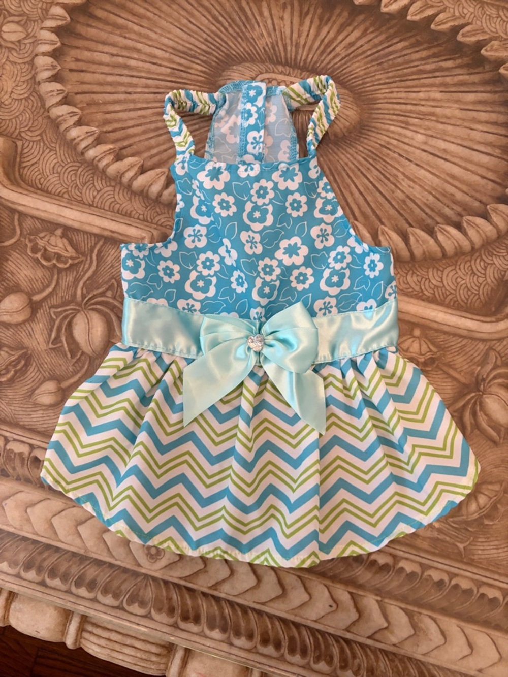 Urban domain Aqua Floral & Chevron Dog Dress with Satin Bow
